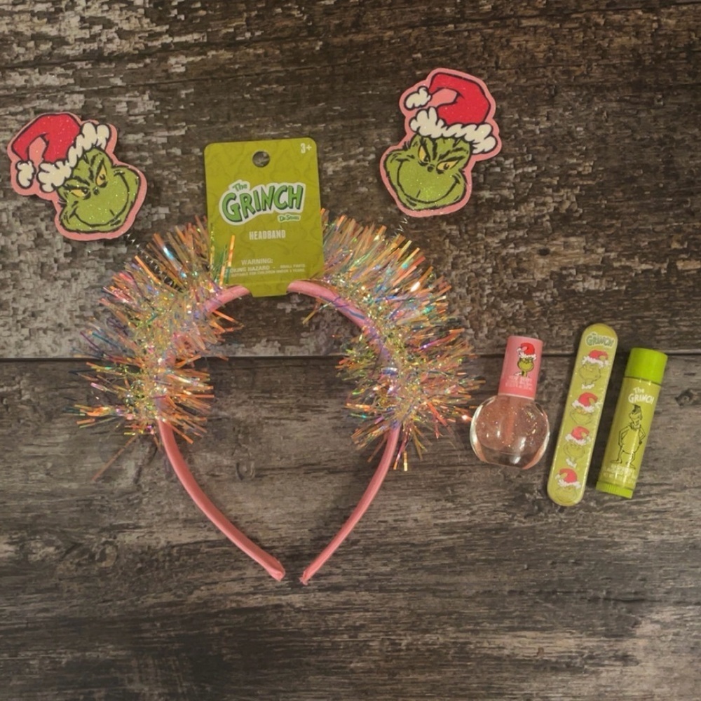 Grinch Headband and Nail polish, nail file, and Lip Balm Set